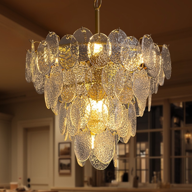 24 in. Modern Crystal Chandelier 4-Tier Gold Glass Chandelier 9 Lights Round Pendant Light for Dining Room Living Room