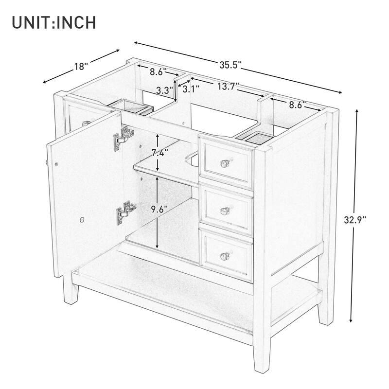 36" Bathroom Vanity without Sink, Cabinet Base Only, One Cabinet and three Drawers