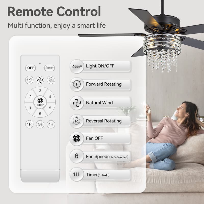 52-inch Reversible 5-Blade Crystal Caged Ceiling Fan with Remote and Light Kit