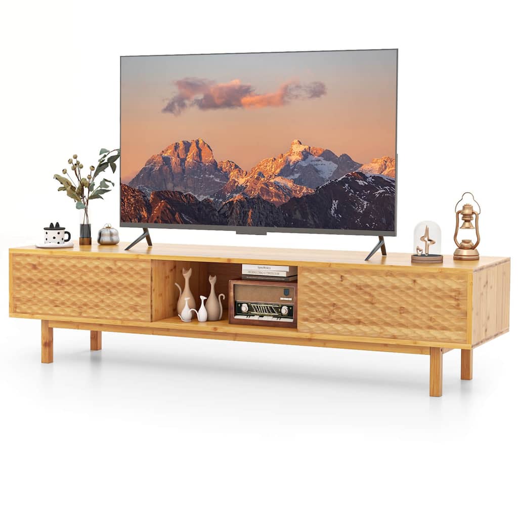 Costway 63" Bamboo TV Stand with 3 Storage Cubes Sliding Doors Mid - See Details
