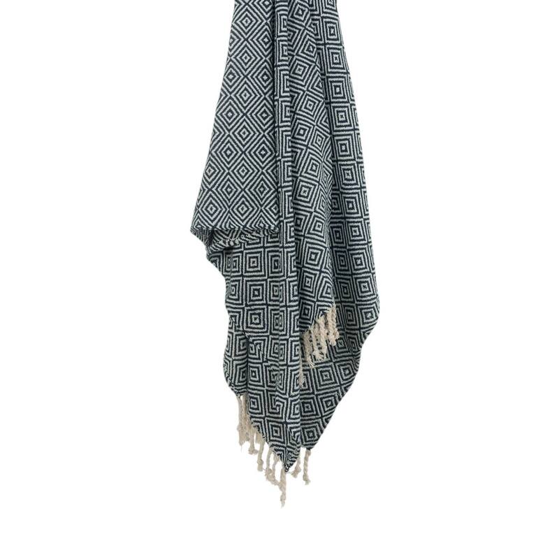 HomeRoots 50" X 60" Navy Blue Cotton Woven Geometric Throw Blanket with Fringe