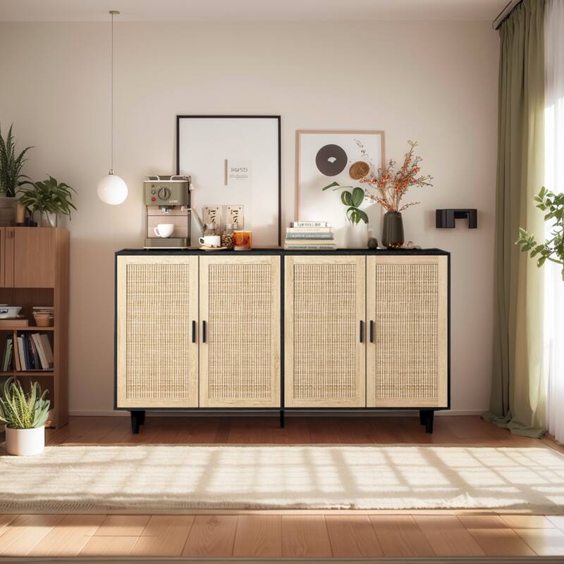 Elegant and Functional 4-Door Rattan Decorative Storage Cabinet,for Bedroom,Living Room,Office,Easy Assembly