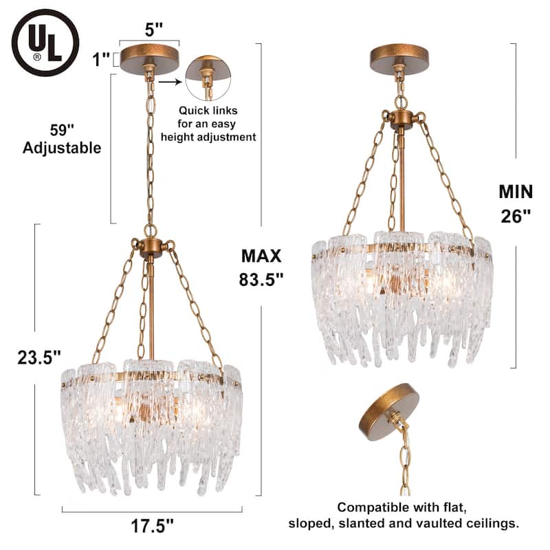Modern 4-Light Gold Drum Textured Glass Chandelier for Dining Room