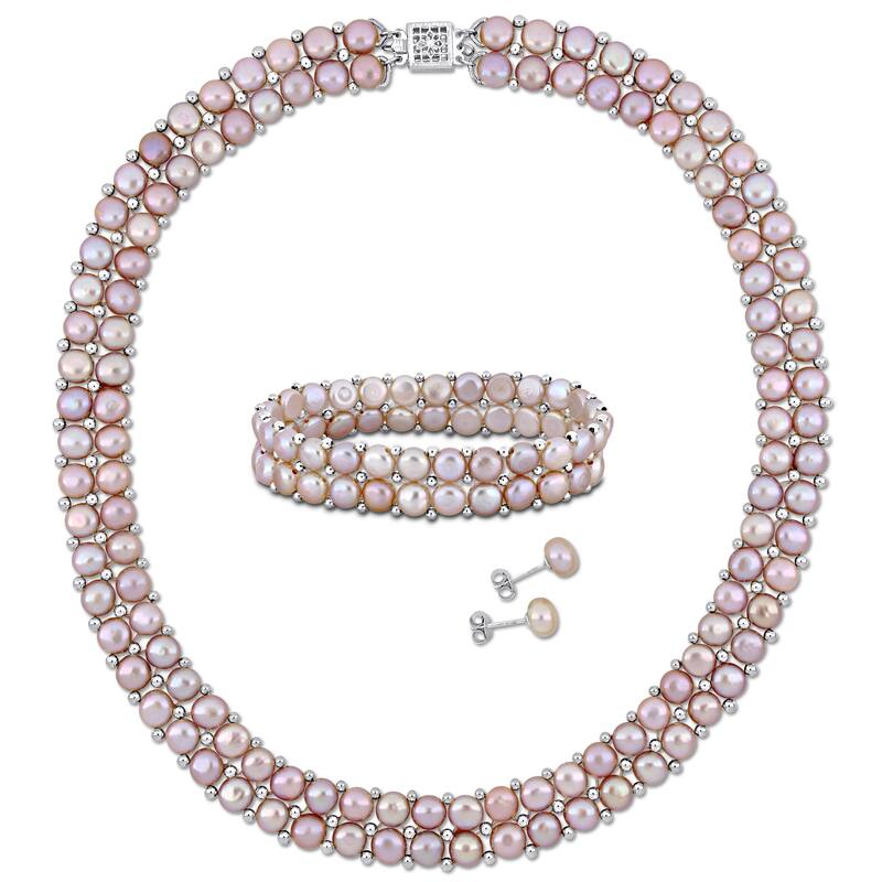 Miadora Pink Cultured Freshwater Pearl Double Row Strand Jewelry Set Sterling Silver