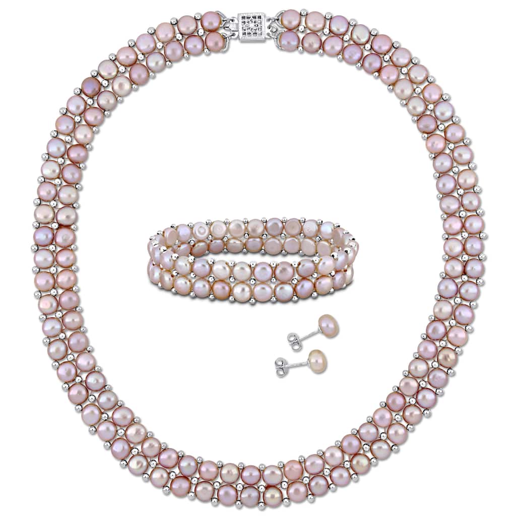 Miadora Pink Cultured Freshwater Pearl Double Row Strand Jewelry Set Sterling Silver