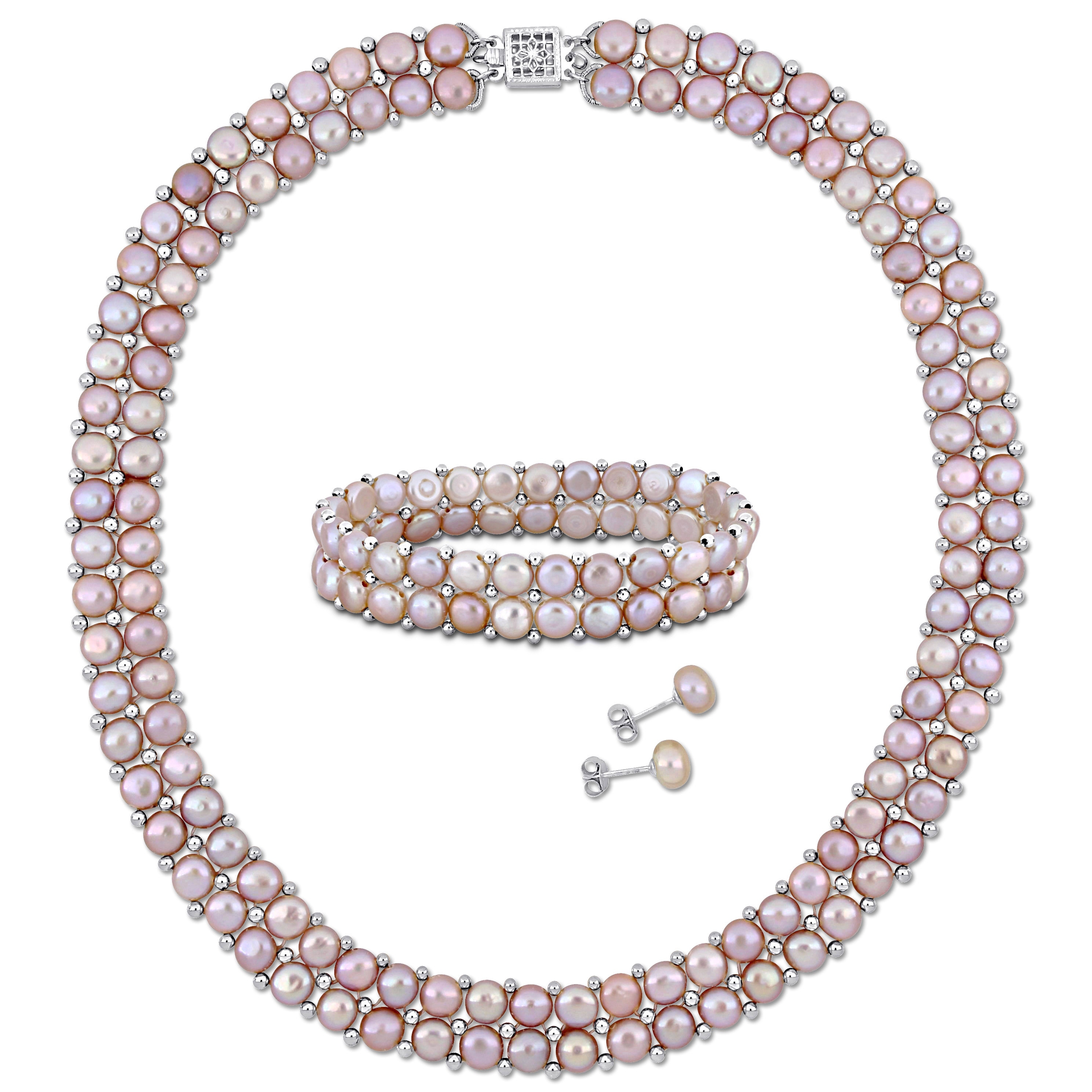 Miadora Pink Cultured Freshwater Pearl Double Row Strand Jewelry Set Sterling Silver