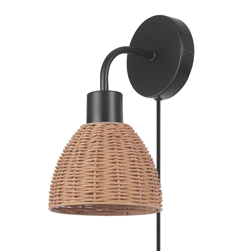Briar 1-Light Matte Black Plug-In or Hardwire Wall Sconce with Rattan Shade - one size