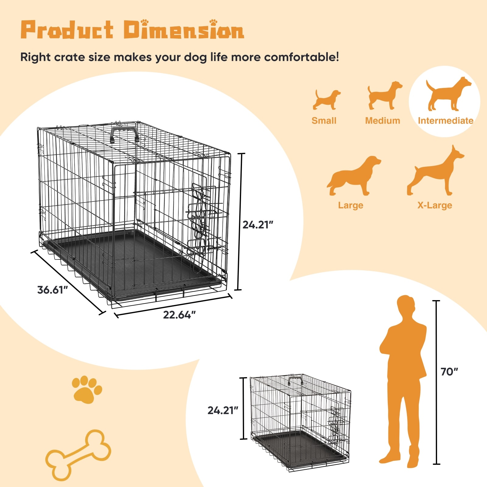 Dog Crate with Divider Panel,36 Inch Double Door Folding Metal
