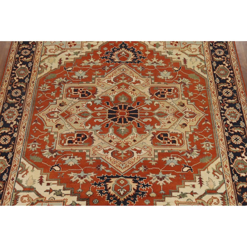Hand Knotted Oriental 100% Wool Carpet Traditional Medallion Oranges & Rust Heriz (serapi) Area Rug - 11' 10'' X 9' 2''