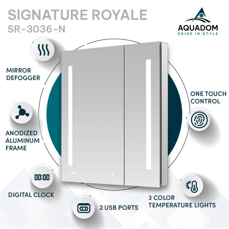 AQUADOM Signature Royale 36W LED Medicine Cabinet Defogger, 3X LED Vertically Adjustable Magnifying Mirror, Electrical Outlets
