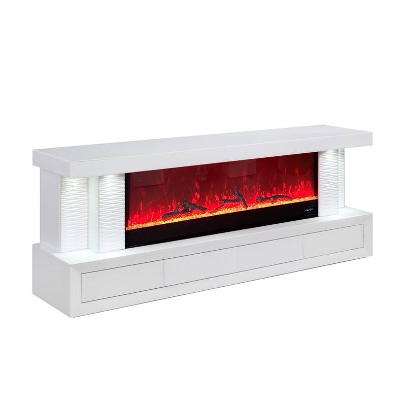 Spencer 71"W White Finish TV Stand with Fireplace and Speaker