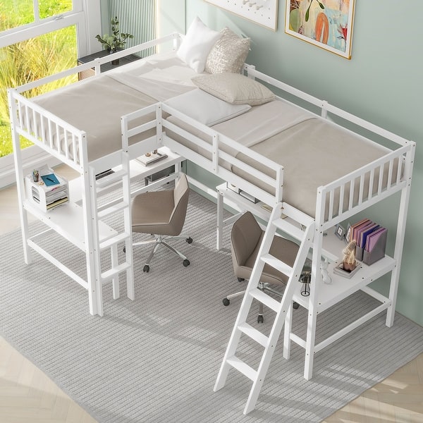 slide 2 of 30, Twin Size L-Shaped Loft Bed with 2 Built-in Desks, Space-Saving Design White - Twin