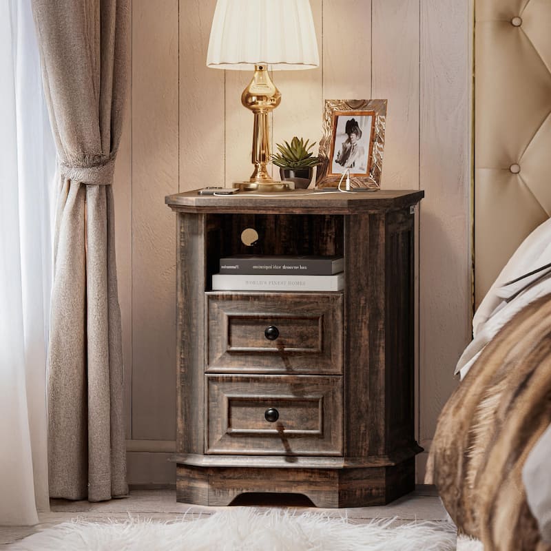 Farmhouse Nightstand with Charging Station and Versatile Storage