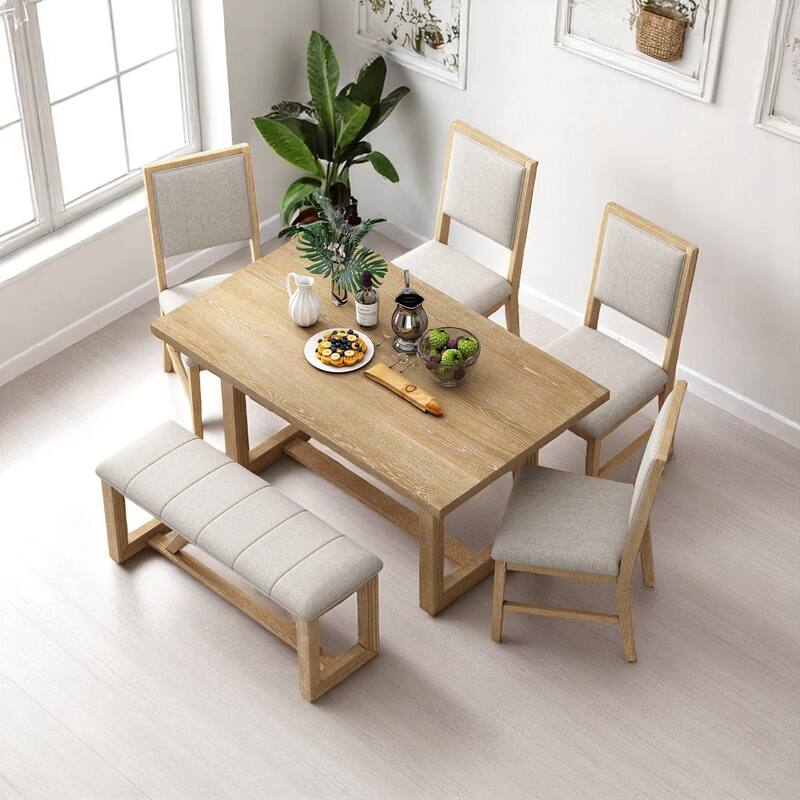 6-Piece Dining Table Set for 6, 60" Wooden Kitchen Table with 4 Chairs & Bench - Rubberwood Frame for Dining Room & Kitchen