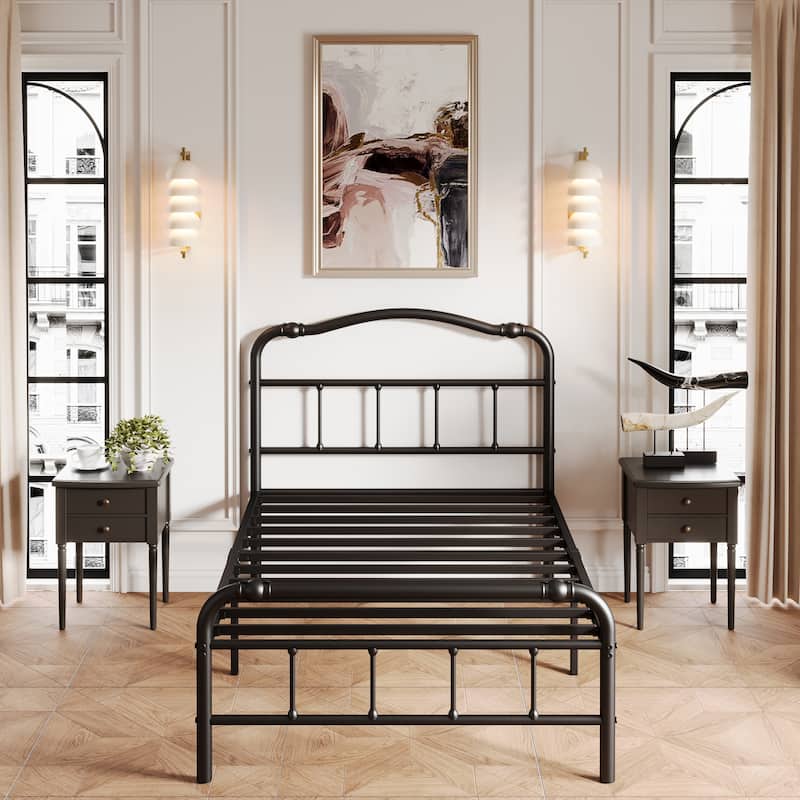 Heavy-Duty Anti-Wobble 14 Inch Bed Frame With Wavy Art Headboard, No Needed Box Spring