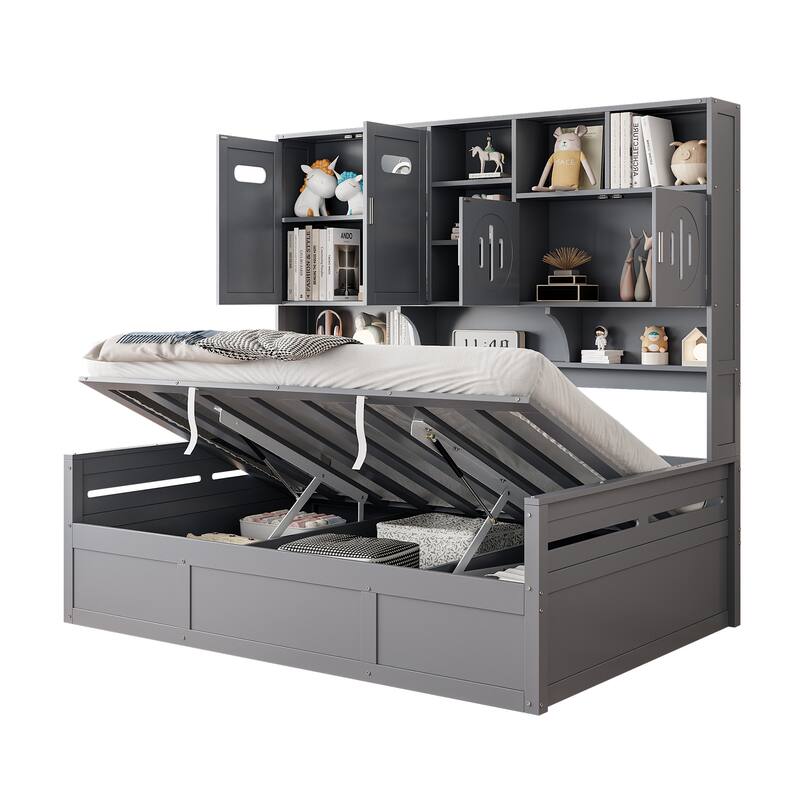 Full Size Bed Frame with All-in-One Bookcase, Full DayBed with Hydraulic Bed, Wood Platform Bed No Box Spring Needed