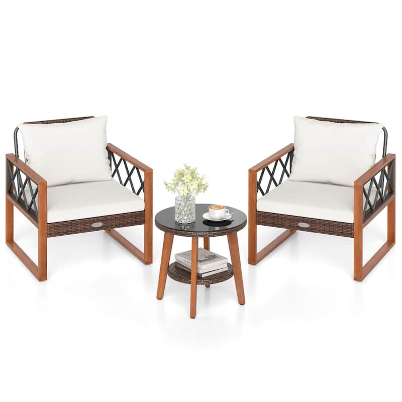 Gymax 3 Pieces PE Wicker Patio Set w/Solid Acacia Wood Frame & Soft - White