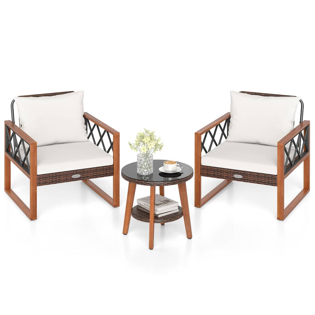 Gymax 3 Pieces PE Wicker Patio Set w/Solid Acacia Wood Frame & Soft