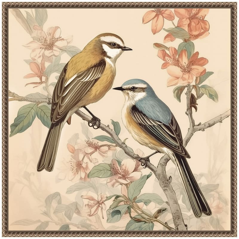 Kate and Laurel Sylvie Vintage Style Birds and Botanicals Framed Canvas by The Creative Bunch Studio