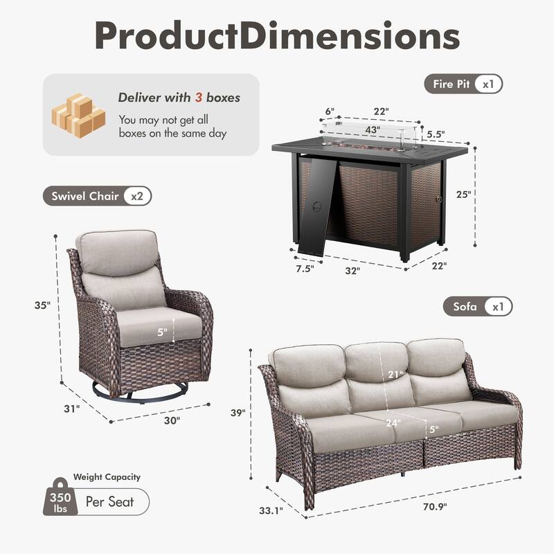 Meyreso 4-Piece Outdoor Patio Metal Fire Pit Wicker Conversation Set with 5-Inch Thick Olefin Cushions