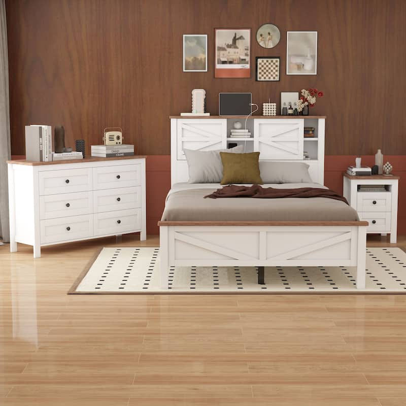 Farmhouse Style Platform Bed - White Brown - Full