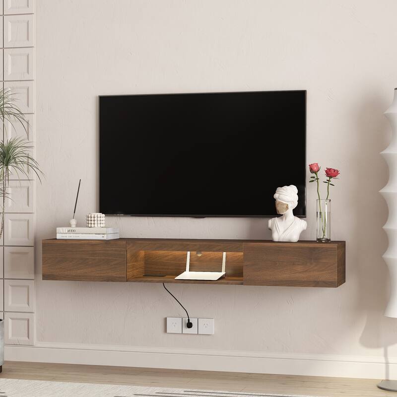 Floating LED TV Stand with Power Outlets, Wall Mounted Media Cabinet for 55 60 65 Inch TV
