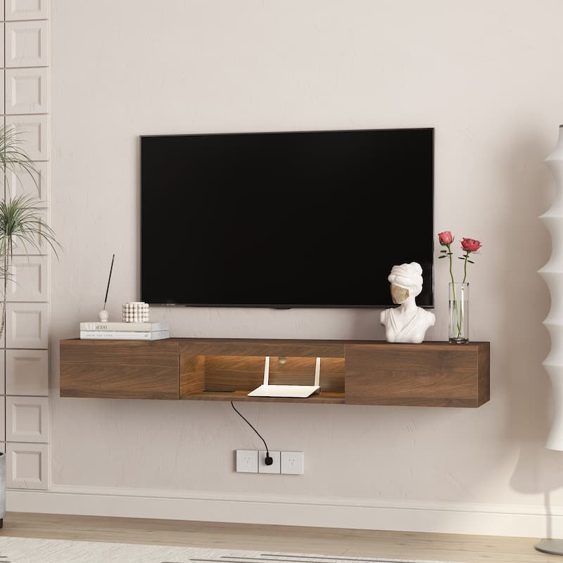 Floating TV Stand Wall Mounted with 16 Color LEDs,63" Modern TV Stand,Floating TV Cabinet Entertainment Center for 55 60 65"TV - Wood