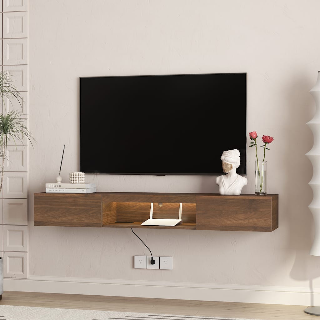 Modern Floating Wall-Mounted TV Cabinet for 55, 60 and 65-Inch TVs, with 16-Color LED Lighting, for Living Rooms
