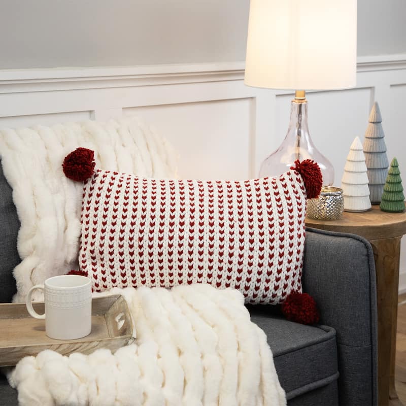 19.5" White and Red Knitted Rectangular Throw Pillow with Pom Poms