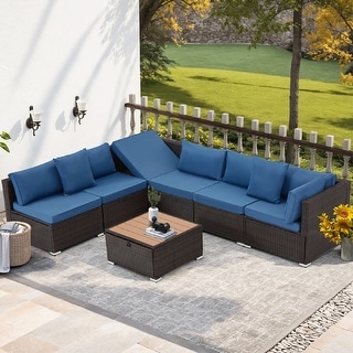 EROMMY 6/7 Piece Modular Outdoor Rattan Sofa Set, All-Weather Wicker Patio Furniture with Storage Table, Cushions & Pillows