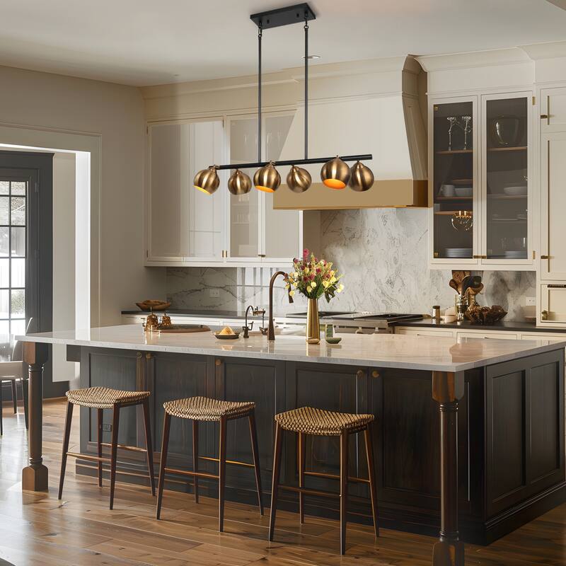 Modern 6-Light Black Gold Linear Chandeliers Glam Metal Island Light for Dining Room - L31" x W5.5" x H13.5"