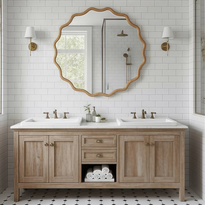 30 inch Wavy Round Solid Wood Frame Decorative Mirror,For Bedroom, Bathroom, Living Room, Entryway