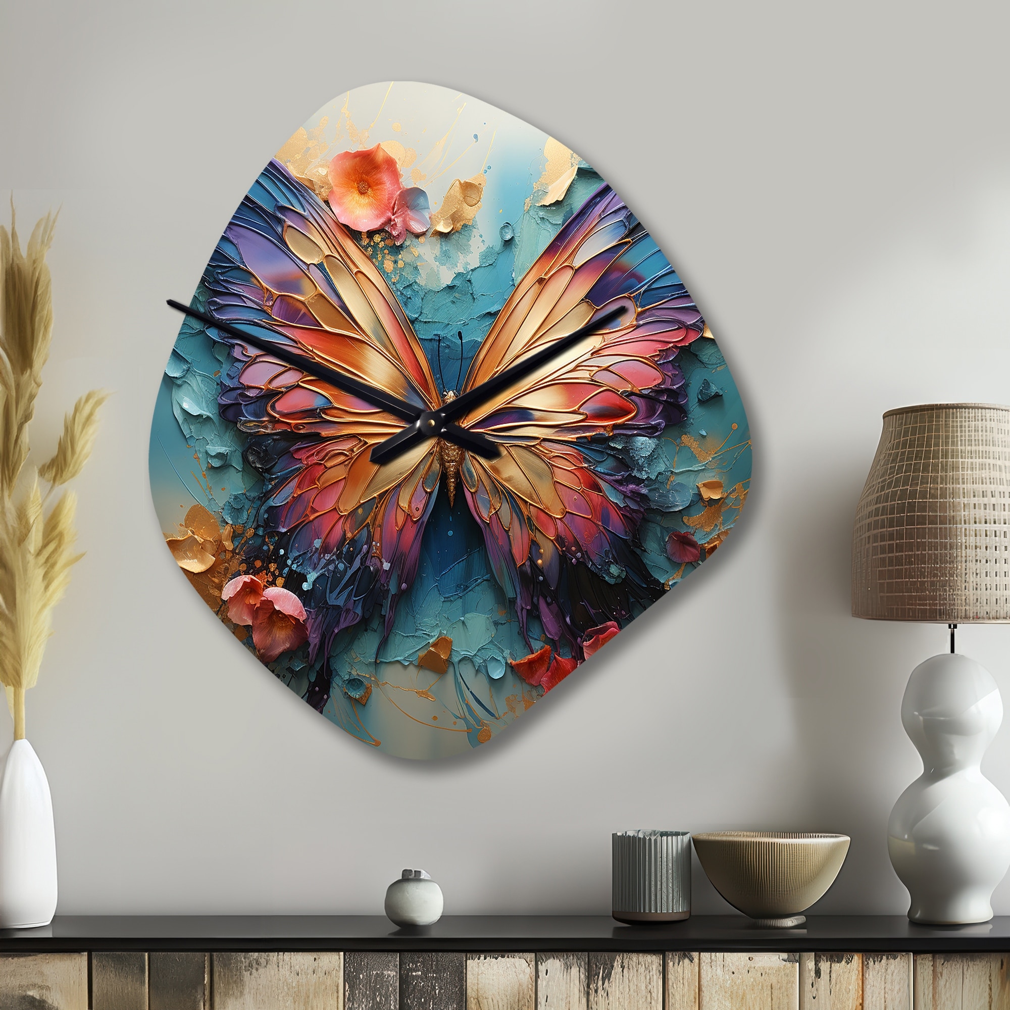 Designart - Orange and blue Metallic Butterfly - Butterfly Large Wall Clocks - Animal Wall Clock in Nebula Shape