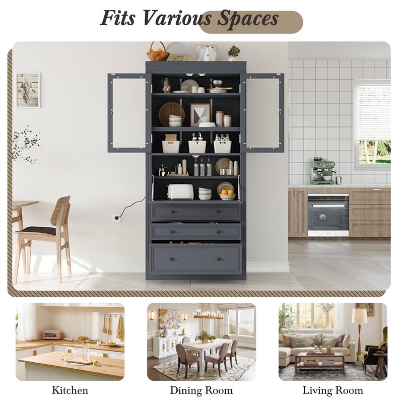 Roomfitters 78 Inch Tall Kitchen Pantry Storage Cabinet with Power Outlet and Drop-Down Surface