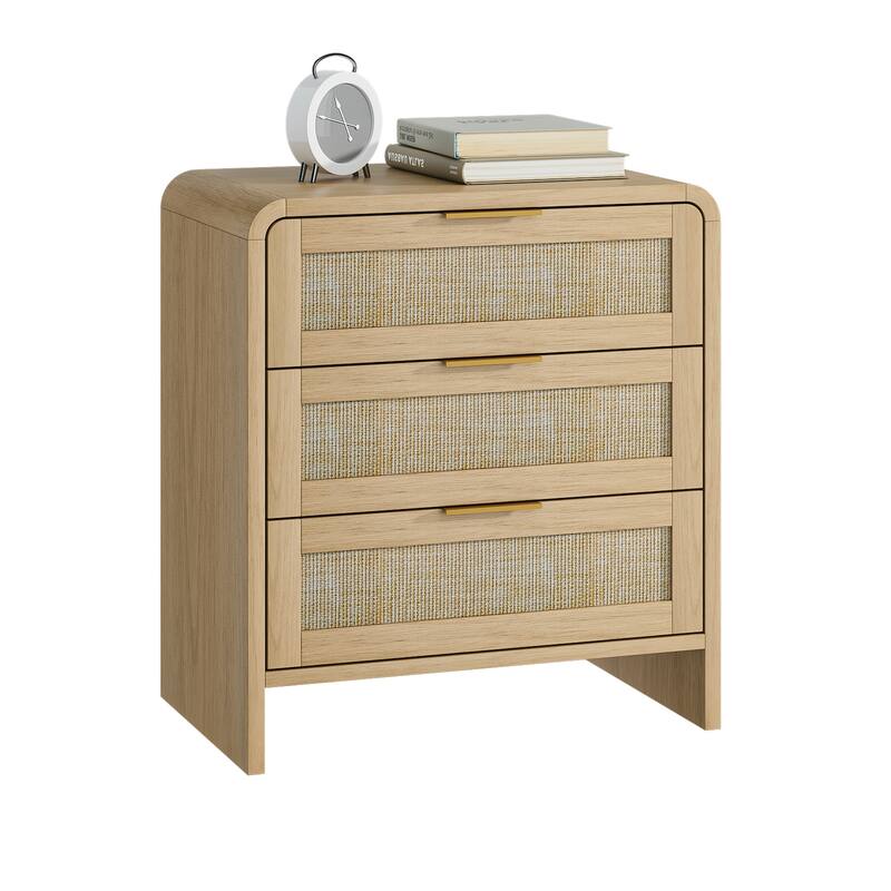 Rattan Nightstand with 3 Drawers, 22.8" Wide Curved Wooden Bedside Table, Modern Storage for Bedroom