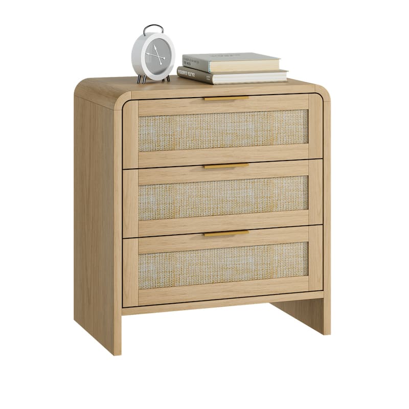 Rattan Nightstand with 3 Drawers Set of 2, 22.8" Wide Curved Wooden Bedside Table, Modern Storage for Bedroom
