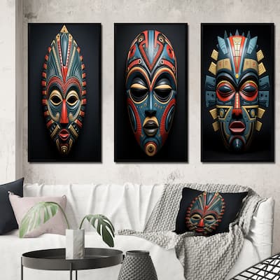 Designart "African Tribal Pende Mask III" African Tribal Framed Wall Art Set Of 3 Frame Gallery Wall Set For Home Decor