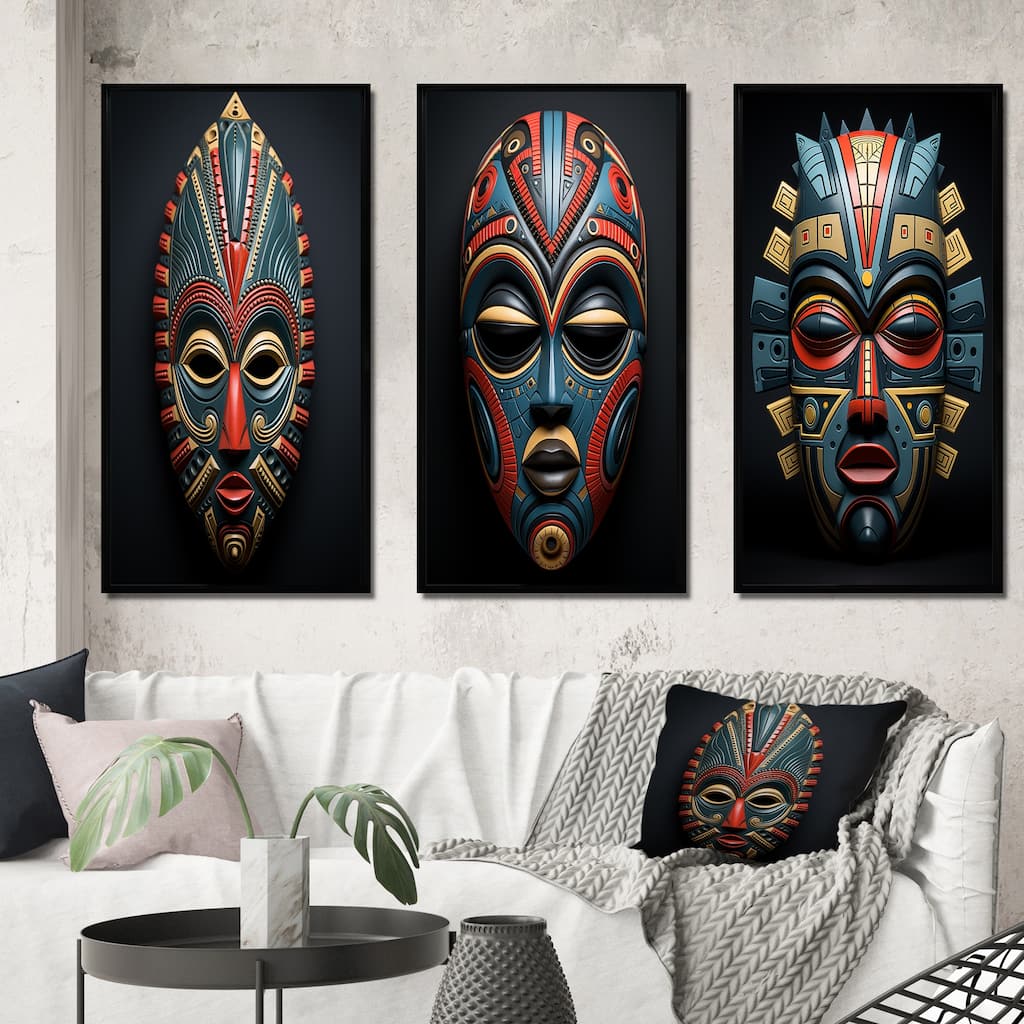 Designart "African Tribal Pende Mask III" African Tribal Framed Wall Art Set Of 3 Frame Gallery Wall Set For Home Decor