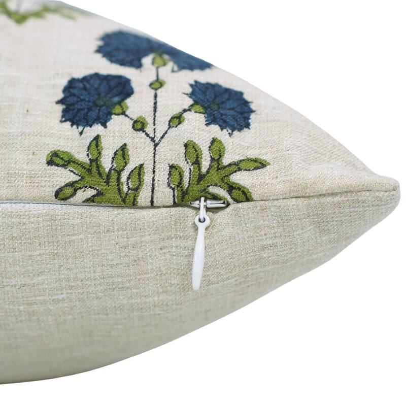 Fabdivine Rectangle Pillow Cover with Flower Block Print for Cozy Throw Home Blue Soft Linen 14x36 Inch Cushioncase, Rishi