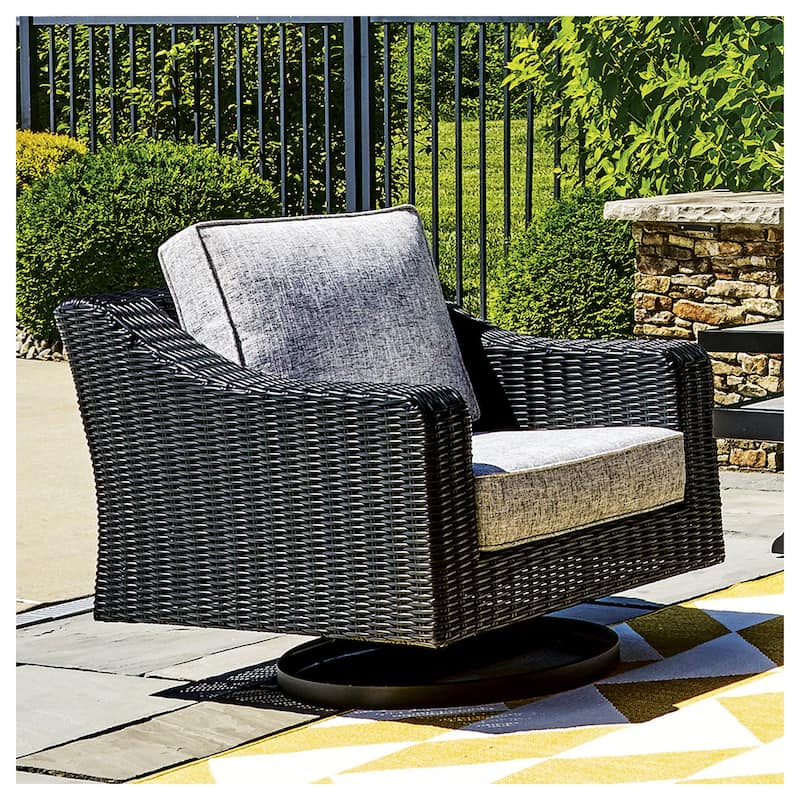 Signature Design by Ashley Beachcroft Hand-woven Wicker-look Swivel Chair - 35.38" W x 38.13" D x 34" H - Black/Light Gray