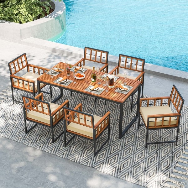 Costway 7 PCS Patio Dining Set Outdoor Acacia Wood Table with Soft - See Details