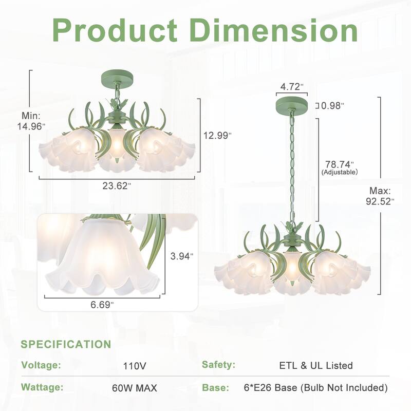 Botanical Green Chandelier with Floral Frosted Glass Shades