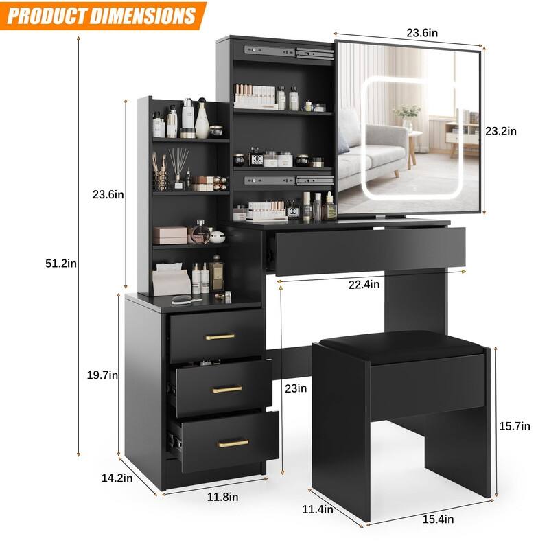 Vanity Desk with Sliding Mirror, Charging Station, 4 Drawers, Shelves, Stool