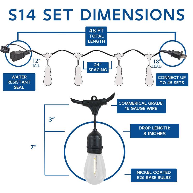 48 Foot LED Filament S14 Suspended Edison Outdoor Market Patio String Lights - Suspended Socket