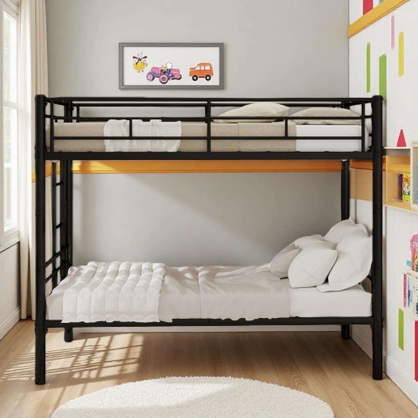 Twin Over Twin Metal Bunk Bed for Kids and Teens, Convertible Two-Bed Frame with Guardrails and Ladder