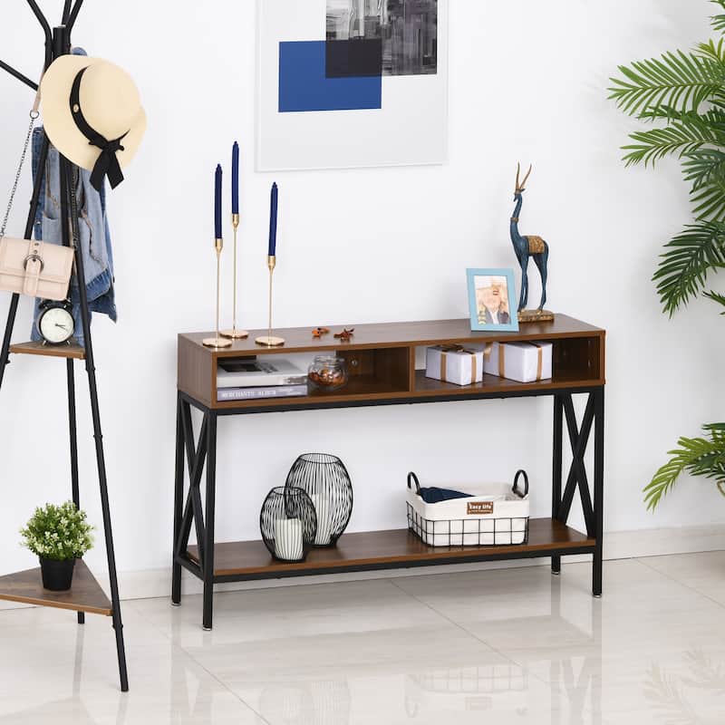 HOMCOM Industrial Style Entryway Console Table Desk with Shelf for Living Room, or Bedroom, Walnut Wood Grain
