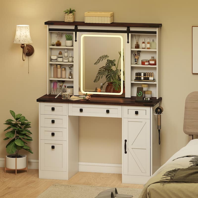 Farmhouse White Makeup Vanity Desk with Sliding Lighted Mirror Charging Station and Ample Storage Drawers and Shelves