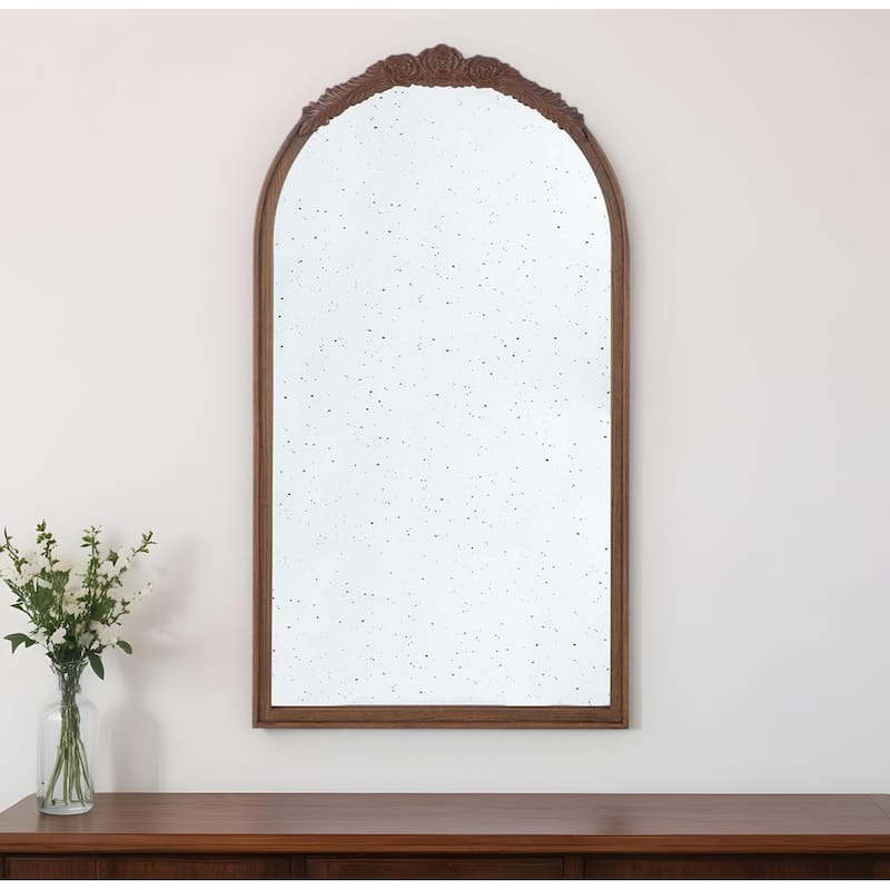 HomeRoots 42" Brown Crowned Top Antiqued Glass Arch Framed Accent Mirror - 22.8' X '41.9' X '2 - Brown - 22.8' X '41.9' X '2
