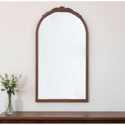HomeRoots 42" Brown Crowned Top Antiqued Glass Arch Framed Accent Mirror - 22.8' X '41.9' X '2