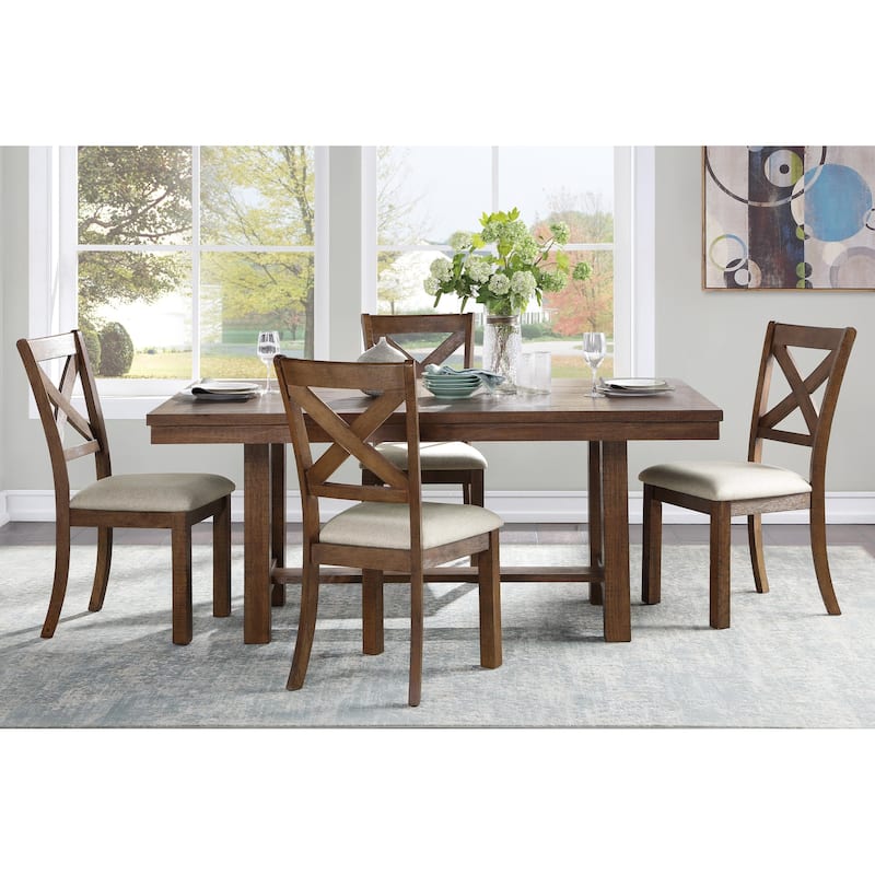 Transitional Style Dining Set Brown Finish Table Bench Side Chairs Upholstered Seat Wooden Furniture - 5pc Set